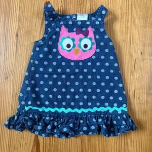 Baby Essentials 90s jean owl sleeveless ruffle bottom baby dress SIZE 9M‎